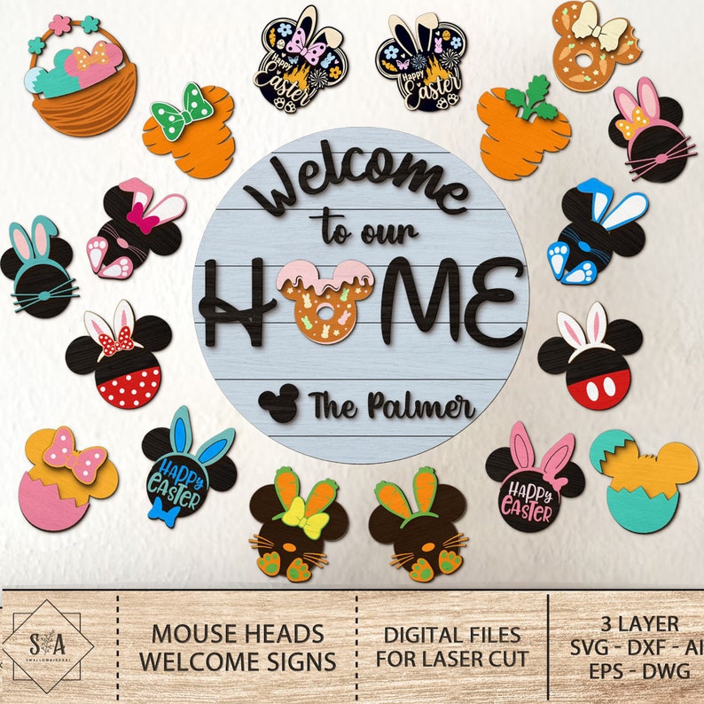 May include: A set of digital files for laser cutting mouse head welcome signs with an Easter theme. The designs include a variety of mouse heads with bunny ears, carrots, and Easter eggs. The text "Welcome to our Home" is included in the design.