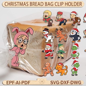 May include: A loaf of bread in a clear plastic bag with a variety of Christmas-themed character bag clip holders. The clips include a snowman, reindeer, elf, and gingerbread man. The text "CHRISTMAS BREAD BAG CLIP HOLDER" is at the top.
