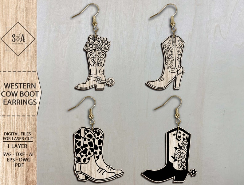 May include: Four pairs of laser cut wooden earrings shaped like cowboy boots. The boots have different designs, including floral, cow print, and a solid black boot with floral accents.