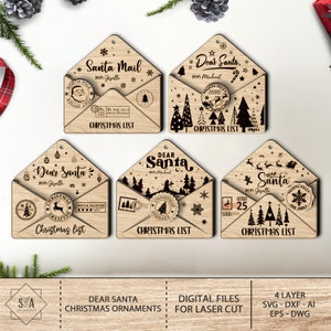 Paquete SVG de adornos de sobres con carta a Papá Noel, adornos SVG de Querido Papá Noel, adornos SVG de Navidad, archivo láser de adornos, archivos SVG de Glowforge