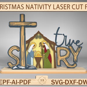 Cartello in legno in piedi della natività SVG, file di taglio laser di Natale, mensola della natività, storia vera della natività SVG, fiocchi di neve a spirale, decorazioni della natività