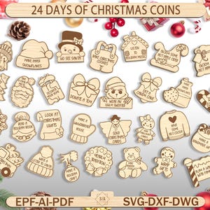Könnte beinhalten: Eine Sammlung von 24 Holz-Weihnachtsmünzen mit verschiedenen festlichen Phrasen und Bildern. Die Münzen zeigen Schneeflocken, Weihnachtsmänner, Lebkuchenhäuser und Geschenkboxen. Der Text "24 DAYS OF CHRISTMAS COINS" ist oben zu sehen.
