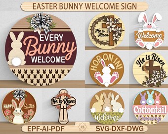 Pode incluir: Uma coleção de placas de madeira com tema de Páscoa. Os designs incluem silhuetas de coelhos, cruzes e as frases "Every Bunny Welcome", "He is Risen" e "Welcome". As placas apresentam várias cores e elementos decorativos, perfeitas para a Páscoa.