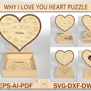 Mutter Liebe Puzzle SVG-Datei mit Geschenkbox, Warum ich dich liebe Herz Puzzle, Muttertagsgeschenk, personalisiertes Muttertagspuzzlestück Zeichen SVG
