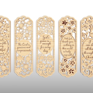 May include: Five wooden bookmarks with floral cutouts and inspirational quotes. The quotes include "God's peace fills every faithful heart," "The Lord is gracious and compassionate," and "I can do all things through Christ."