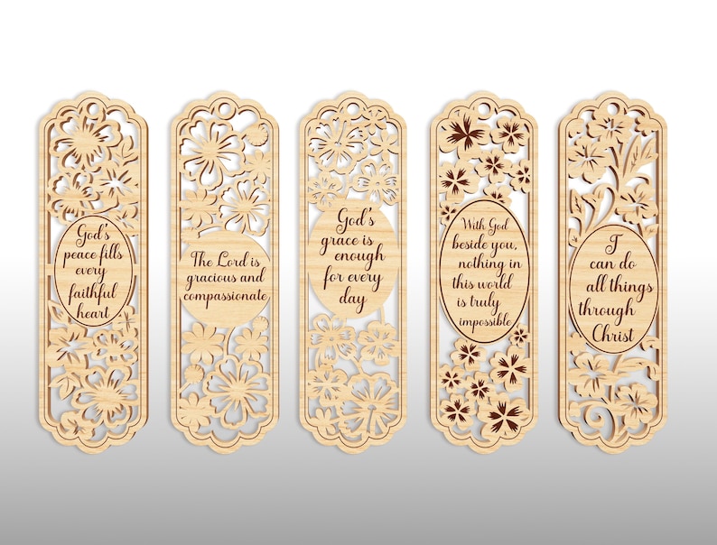 May include: Five wooden bookmarks with floral cutouts and inspirational quotes. The quotes include "God's peace fills every faithful heart," "The Lord is gracious and compassionate," and "I can do all things through Christ."