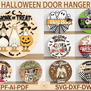 Halloween-deurhanger SVG, Halloween-teken, Halloween-welkomstbord, Spooky Season-deurhanger, lasergesneden bestanden, Glowforge SVG, deurdecor rond