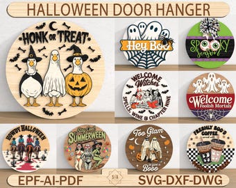 Halloween Door Hanger SVG, Halloween Sign, Halloween Welcome Sign, Spooky Season Door Hanger, Laser Cut Files,Glowforge SVG,Door Decor Round