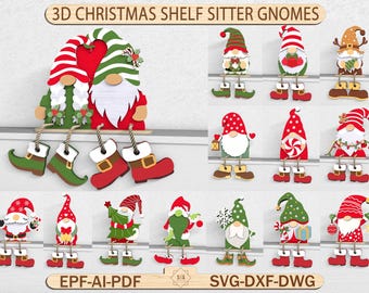 May include: A collection of 3D Christmas shelf sitter gnomes in various designs. The gnomes feature red, green, and white hats and outfits, with attached legs and boots. Some gnomes hold gifts, snowflakes, or ornaments. The image includes text: "3D CHRISTMAS SHELF SITTER GNOMES".