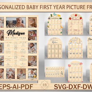 Cadre photo personnalisé pour nouveau-né, fichier de coupe de cadre photo prénom bébé première année, souvenir de nouveau-né, baby shower, cadeau d'anniversaire