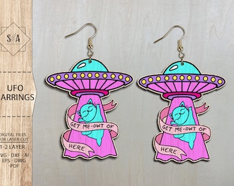 Alien Ship Beaming Up Cat Earrings Svg, UFO Funny Earrings Cutting File SVG, UFO Earrings Laser File