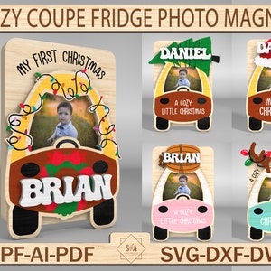 パーソナライズされたCozy Coupe冷蔵庫マグネットフォトフレームSVG、クリスマスフレームファイルSVG、クリスマスギフト、フォトフレームファイルSVG、Glowforgeレーザーカットファイル