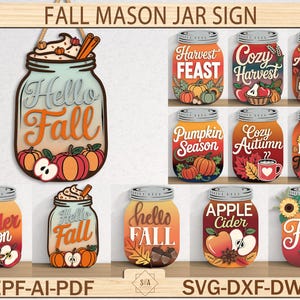 Fall Mason Jar Sign, Door hanger Glowforge laser cut file, Autumn welcome sign, Pumpkin apple DIGITAL download, Fall Mason Jar Sign Bundle