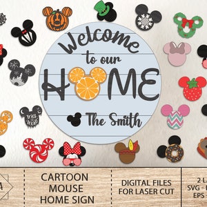 Enseigne de maison de souris de dessin animé, bienvenue chez nous, signe Smith, Svg, signe de bienvenue, fichier de découpe numérique dessin animé, dessin animé Glowforge Svg, décoration d'intérieur