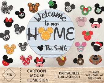 Cartoon Mouse Home Sign,Welcome To Our Home Smith Sign Svg, Welcome Sign Svg,Cartoon Digital Cutting File, Cartoon Glowforge Svg,Home Decor