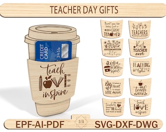 Titulaire de la carte-cadeau enseignant, cadeau café, cadeau de rentrée, fin d'école, fichiers Svg Glowforge prêts à être découpés au laser