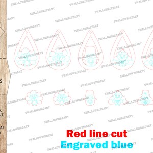 May include: Digital download of a laser cut design for a pair of turkey earrings. The design features a turkey with a red line cut and engraved blue details.