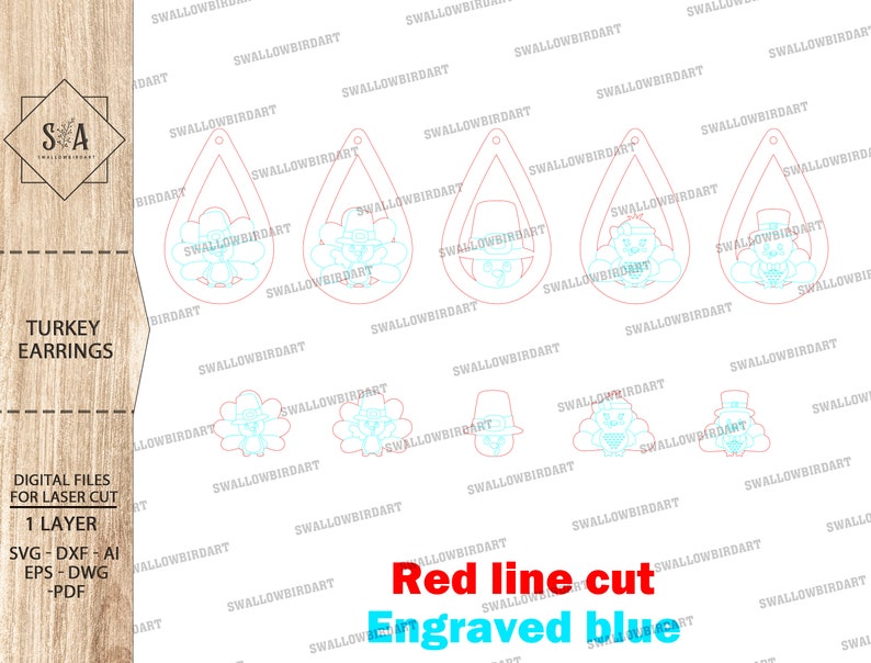 May include: Digital download of a laser cut design for a pair of turkey earrings. The design features a turkey with a red line cut and engraved blue details.