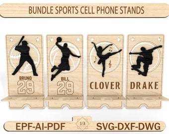 Bundle 14 Design Sports And Recreation Cell Phone Stands, Sports Cell Phone Stands, Cell Phone Stand Laser Cutting Svg ,Glowforge Kids Craft