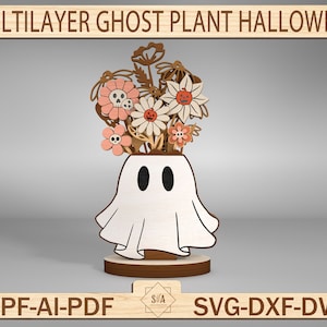 May include: A white ghost figurine with a bouquet of pink and orange flowers with skulls and pumpkins. The flowers are in a vase that is part of the ghost. The figurine is on a wooden base. The text "MULTILAYER GHOST PLANT HALLOWEEN" is at the top of the image. The text "EPF-AI-PDF" is at the bottom left of the image. The text "SVG-DXF-DWG" is at the bottom right of the image.