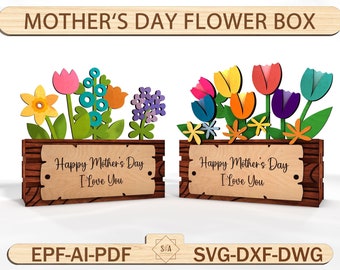 Mother‘s Day Flower Box Laser Cut ,Flower Bouquet Box Svg,Happy Mother’s Day Gift for Mom ,Flowerbed Layered Basket Svg,Cutting Model Plans