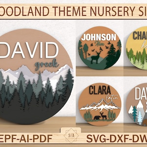 Placa de berçário com tema de floresta, decoração de montanha de pinheiro, placa com nome de berçário, decoração de berçário de vida selvagem, madeira redonda 3D, arquivo de corte a laser Glowforge