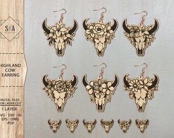 Highland Cow Earring Bundle SVG , Farm Animal Earrings , Laser Earrings Files , Glowforge Files , Cow Earrings SVG