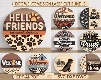 Dog Welcome Sign Laser Cut Bundle, Funny Pet Door Hanger, Glowforge, Dog Lover Decor, Paw Print Porch Decor, Digital Download, Lasercut File