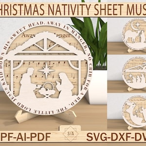 Dekoracja stojaka na nuty do szopki bożonarodzeniowej SVG, Stojak na szopkę SVG, Dekoracja piętrowa religijna SVG, Muzyka Wiara SVG, Pliki SVG Glowforge