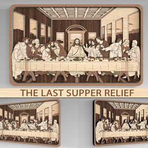 Op de afbeelding: Een meerlaags houten wandkunstwerk dat het Laatste Avondmaal voorstelt, met een centrale figuur aan een lange tafel met twaalf personen in een kamer met lambrisering. De tekst THE LAST SUPPER RELIEF staat onder de afbeelding.