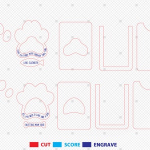 Puede incluir: Un archivo de dise&ntilde;o digital para una tarjeta con forma de huella de pata de perro con el texto "I love you furry much through thick and thin. Love, Elizabeth" y "All you need is love and a dog. Best dog mom ever". El dise&ntilde;o es para cortar, marcar y grabar.