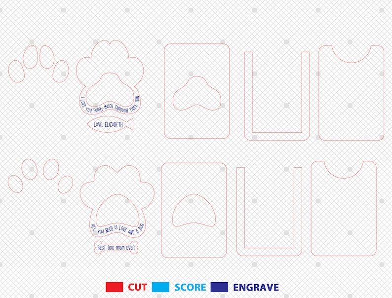 Puede incluir: Un archivo de dise&ntilde;o digital para una tarjeta con forma de huella de pata de perro con el texto "I love you furry much through thick and thin. Love, Elizabeth" y "All you need is love and a dog. Best dog mom ever". El dise&ntilde;o es para cortar, marcar y grabar.