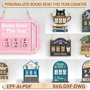 Può includere: Contatori di libri in legno con la scritta "Books Read This Year" e un display numerico. I contatori sono disponibili in varie forme e colori, tra cui rosa, blu e marrone. Alcuni presentano elementi decorativi come un gatto o un drago.