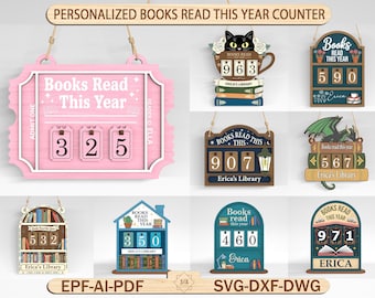 Paquete SVG personalizado de "Libros leídos este año", rastreador de lectura de libros personalizados, archivos cortados con láser para estanterías, archivos SVG Glowforge