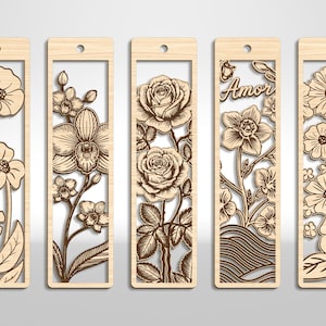May include: Set of five wooden bookmarks with floral designs. Each bookmark features a different flower, including poppies, orchids, roses, and daisies, intricately cut out. One bookmark has the word "Amor". The bookmarks have a rectangular shape with a hole at the top.