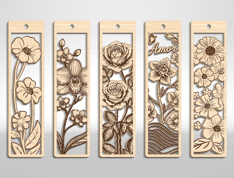 May include: Set of five wooden bookmarks with floral designs. Each bookmark features a different flower, including poppies, orchids, roses, and daisies, intricately cut out. One bookmark has the word "Amor". The bookmarks have a rectangular shape with a hole at the top.