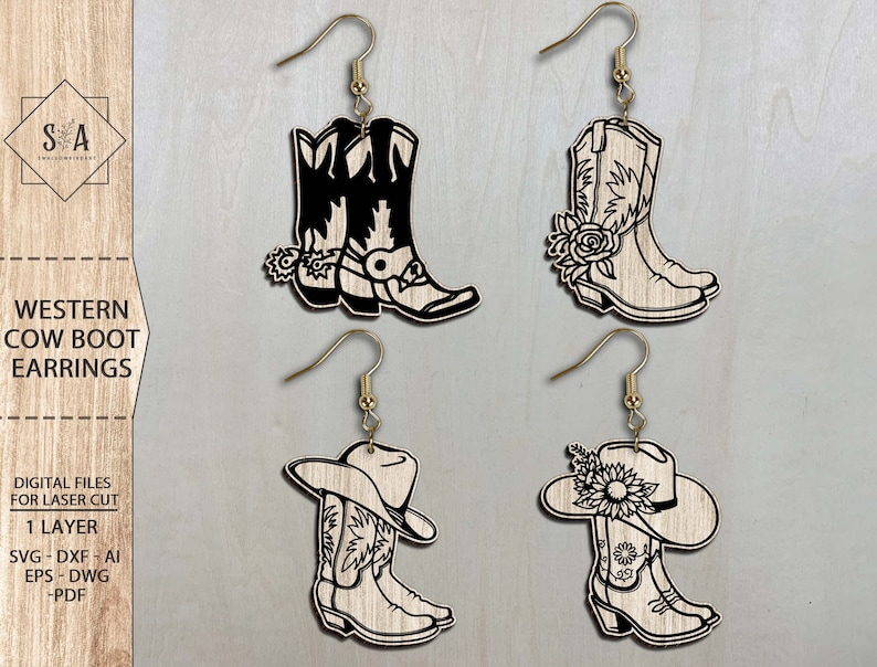 May include: Four pairs of laser cut wooden earrings featuring a western cowgirl boot design. Two pairs feature a boot with a flower design and two pairs feature a boot with a cowboy hat.
