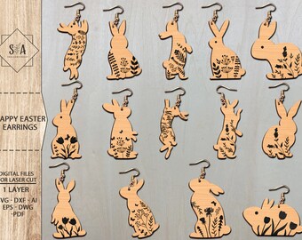Happy Easter Earrings Svg, Easter Earrings Svg, Easter Eggs Earrings Svg, Floral Rabbit Earrings Svg, Glowforge Files,Laser Earrings Files