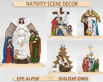 Nativity Scene Laser Cut Bundle Svg, Layered Christmas Wood Decor Set, 3D Religious Display, wooden scene, Faith Svg ,Glowforge Svg File
