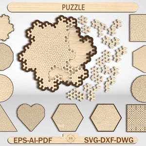 Könnte beinhalten: Eine Sammlung von Holzpuzzle-Designs in verschiedenen Formen wie Kreisen, Sechsecken, Dreiecken, Herzen und Quadraten mit komplizierten lasergeschnittenen Mustern. Das Bild zeigt das Wort PUZZLE oben und EPS-AI-PDF SVG-DXF-DWG unten.