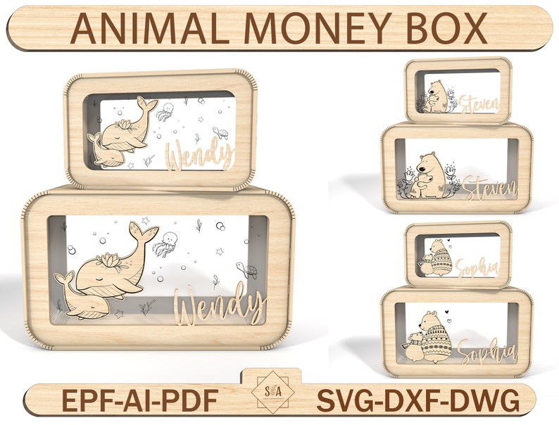 Puede incluir: Caja de dinero de madera con un dise&ntilde;o de ballena y tortuga. La caja est&aacute; hecha de madera y tiene una ventana de pl&aacute;stico transparente. La caja est&aacute; etiquetada como "Wendy".