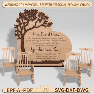 May include: A wooden memorial set for a wedding or graduation, featuring a heart-shaped plaque with a tree design and the text "Our Loved Ones." Includes four miniature rocking chairs, each labeled with a family member's name.
