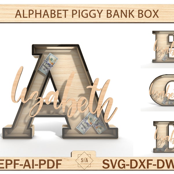 Personalised  Alphabet Kids Piggy Bank Svg, 3D Letter Piggy Bank Svg, A to Z Money Box Piggy Bank ,Unique Birthday Gift, Gifts For Kids