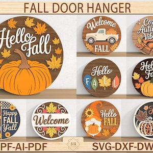 Fall Door Hanger SVG Bundle, Hello Fall Welcome Sign Laser Cut Files, Autumn Pumpkin Leaves SVG for Glowforge Cricut Laser