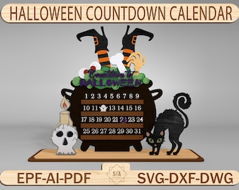 Kalendarz odliczania do Halloween Cauldron Ghost SVG, Odliczanie do Halloween Svg, Czarny kot Svg, Dni do Halloween, Cyfrowe cięcie Glowforge