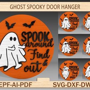 Halloween Ghost Spooky Door Sign Svg, Halloween Door Hanger Svg, Ghost Svg,Halloween Gift,Halloween Round Sign Svg, Glowforge Laser Cut File