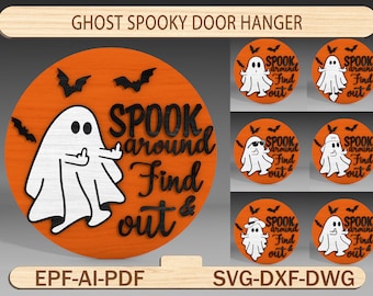 Halloween Ghost Spooky Door Sign Svg, Halloween Door Hanger Svg, Ghost Svg,Halloween Gift,Halloween Round Sign Svg, Glowforge Laser Cut File