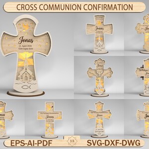 Puede incluir: Decoraciones de madera en forma de cruz para la Confirmación de la Comunión. Las cruces presentan un diseño en capas con una silueta de iglesia, estrellas y el nombre "Jonas" con una fecha. El texto "CROSS COMMUNION CONFIRMATION" está en la parte superior.
