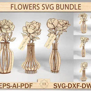 Paquete de 36 flores SVG cortadas con láser, archivos Svg, ramo de flores silvestres vectoriales para mamá, flores de madera, regalo para el día de la madre Svg, flores de nacimiento para el jardín de mamá Svg