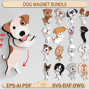 May include: A collection of dog magnets in various breeds, with a large Jack Russell Terrier magnet in the foreground. The magnets are in a cartoon style, with the text "DOG MAGNET BUNDLE" at the top. The text "Shake my!" is also visible.